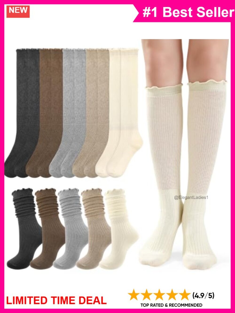 Women Ruffle Cuff Knee High Boot Socks 77% Cotton Slouch Frilly 5 Pair Set